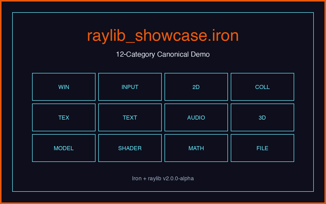 raylib_showcase — full binding showcase screenshot